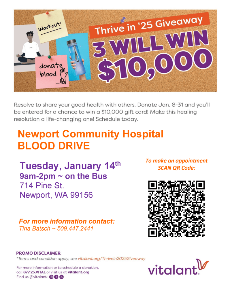 Register for blood drive on January 14th at Newport Community Hospital.